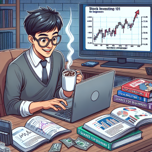 Visualize a scene where an excited novice investor is sitting at their desk with a laptop open. On the laptop screen, display a simple line chart indicating the growth of stock investments. Scatter few guidebooks with titles like 'Stock Investing 101' and 'Shares for Beginners' around the desk for reference. A East Asian man in his late 20s is intently studying the materials. He is of slim build, with black hair and glasses. Also, include a coffee mug with steaming cocoa to represent his late-night study sessions.