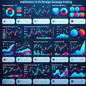 Illustrate an informative infographic about the indicators in foreign exchange trading utilized for understanding market trends and behavioral patterns. Include graphical representation of the following efficient indicators - Relative Strength Index (RSI), Moving Average Convergence Divergence (MACD), Average True Range (ATR), Simple Moving Average (SMA), and Average Directional Index (ADX). Make sure to depict each indicator with unique and vibrant color codes for better understanding and differentiation. The image should have a sleek, modern design with clear, easy-to-read text and symbols.