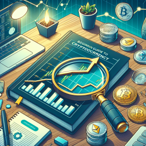 An illustration showcasing a beginner's guide to starting cryptocurrency trading. The image includes a manual placed on a wooden table, with the cover of the book showcasing a bar chart indicating upward trajectory and various cryptocurrencies like Bitcoin, Ethereum and Ripple. There's a magnifying glass overlying the book, symbolizing scrutiny and learning. Other objects on the table include a laptop with cryptocurrency exchange website open, a cup of coffee, a notepad and a pen. There's a soft glow of a desk lamp illuminating the scene.