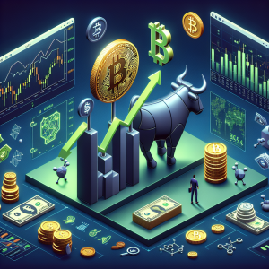 An array of objects representing the benefits of CFD trading: Bitcoin and Forex without assets. On the left, there's a symbolic metal bull standing on a high rising green graph line to show the potential for profit. Towards the center, depict a simplified, golden Bitcoin logo resting on a cushion of network symbols and digital numbers, symbolizing its digital nature and volatility. On the right, illustrate a Forex chart with candlestick representations and various global currency symbols floating around it, to show its international scope and the lack of physical assets required. Include casual clothing investor observing these objects with interest.