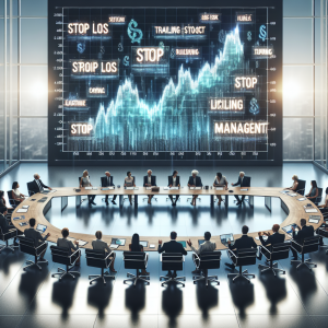 Create an image displaying a boardroom scenario where different individuals are engaging in a strategic meeting on risk management. In the center, have an oversize, three-dimensional graph showing stock market trends. There should be terms such as 'Stop Loss' and 'Trailing Stop' hovering around the meeting room as phrases written in luminary letters. Ensure the room is filled with a diverse group of individuals with females and males of various descents like Caucasian, Hispanic, Middle-Eastern, and South Asian, for a balanced representation.