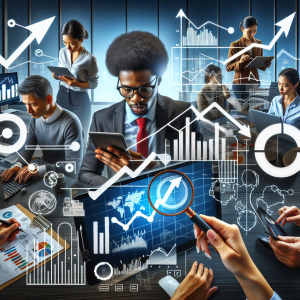 Visualize a compelling scene that is representative of discovering and utilizing rising and falling trends. Picture a diverse group of professionals in a shared workspace: a Black male holding a magnifying glass over a graph on a computer screen, showing an upward trend, an East Asian female analyzing a chart depicting a downward trend on her tablet. Add some essential tools for trend analysis, such as computers, charts, and graphs. Finally, to symbolize the dynamism and constant change inherent in trends, incorporate elements like arrows moving up and down in the background.