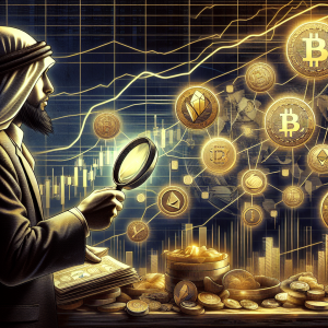Shown in high detail should be an artistic and symbolic representation of the concept of choosing a cryptocurrency for investment. In the foreground, a person of Middle-Eastern descent studying a collection of icons or symbols each one representing a different cryptocurrency. This person might be holding a magnifying glass, scrutinizing each symbol carefully. In the background, a stock market scene with lines and bars to indicate volatile price movements, showcasing the ups and downs of the cryptocurrency market. A hint of gold and coins scattered about the scene could suggest the potential wealth that could be gained. The overall atmosphere is somber yet full of anticipation.