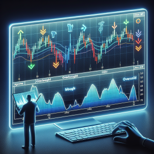 An educational visualization of using and adjusting the Relative Strength Index (RSI) indicator, a popular tool used in technical trading. The image includes a sleek screen showing a dynamic stock chart where the RSI values are differentiated with distinct colors for overbought (above 70) and oversold regions (below 30). The visual cue of an arrow pattern moving up or down indicates where to adjust settings. Also, include a small, simple representation of an investor, which could be a man of Middle-Eastern descent, studying the chart carefully and making adjustments.