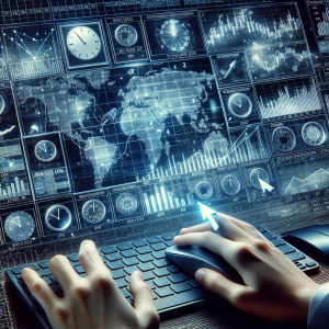 Visualize an economic events calendar being used in the context of Forex trading. Display a detailed screen of a digital calendar filled with investment and economic events symbols. Deft hands hover over a sleek computer keyboard, while a curved computer monitor displaying Forex currency pairs and an open tab of an economic calendar rests in front of them. There is a concentration of global currencies alongside various economic indicators reflecting possible impact on currency values. Show real-time graphs, digital clocks showing multiple time zones, diagrams, and a hovering mouse pointer about to click on an upcoming event.