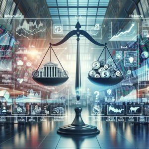 Visualize an elegantly displayed portfolio represented by different types of investments such as stocks, bonds, and real estate. Incorporate a balance scale in the image to symbolize the optimization of risks and returns. Overlay the image should be some arrows and flowcharts representing possible strategies for diversifying the portfolio, including rebalancing investments according to changing market conditions. To give a real-world context, you might also include a backdrop of a busy stock market floor.