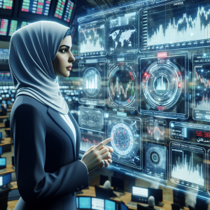 Create a detailed scene of a stock exchange floor bustling with traders, focusing on an individual interacting with a futuristic holographic interface displaying Futures Trading data. Include elements like price trends, tickers, candlestick charts, and possible contract options. Make it clear that the trader is engaged in buying and selling with a sense of expertise. The trader should be a Middle-Eastern woman, professionally dressed, expressing a keen concentration on the data displayed in front of her.