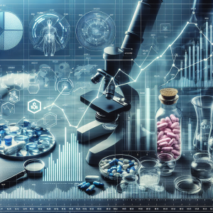 A detailed financial chart illustrating the performance of a well-known pharmaceutical company stock over time, with trend lines, bar graphs and pie charts. Various indicators such as trading volumes, moving averages, and expected market forecasts are prominently displayed. This is all set against a background of symbolic pharmaceutical items such as a microscope, medicine bottles, and pills.