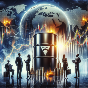 A stunning representation of the new realities and risks involved with Brent oil for investors. The picture should encompass a variety of elements that highlight the subject matter: barrels of oil with the Brent marker symbol; a fluctuating stock market chart indicating the volatile nature of oil; a group of concerned investors - of different genders and descents (Caucasian, Hispanic, Middle-Eastern, South Asian) - studying the chart; and lastly, a strikingly contrasted background suggesting the potential risks and rewards involved.