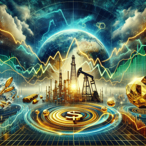 Visualize an economic report featuring various elements of financial forecasting. Center is a large line graph with fluctuating curves, representing short-term predictions for crude oil, gold, and the EUR/USD currency pair. On the left, an iconic oil drilling tower beneath a dynamic sky, representing the oil sector. On the right, a shimmering golden nugget signifying the gold market. In the background, an abstract representation of the EUR and USD symbol, symbolizing the currency market. Dominant colors: dome of blue, gold, and a mix of green and red representing market movements.