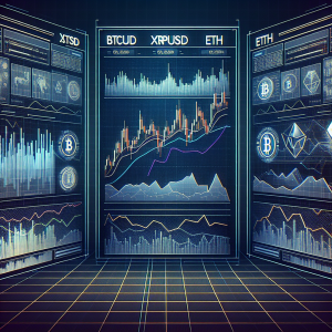 Visual representation of short-term forecasts for currencies: BTCUSD, XRPUSD, and ETHUSD for today. Picture a digital space with three separate sections, each dedicated to one of the mentioned currencies. In each section, there are fluctuating digital line graphs, numbers, and symbols illustrating the predicted performance. Use a diverse color scheme to differentiate between the trends for each currency. Do not include any identifiable characters or figures in the image.