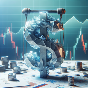 Visual representation of a sturdy dollar sign exerting pressure on a symbolic representation of Russia's economy depicted as a fragile structure, possibly made of glass or thin sheets of metal. Surrounding the scene should be financial charts, graphs and reports indicative of economic pressures. Ensure the image portrays the tension between the strong dollar and the struggling economy.