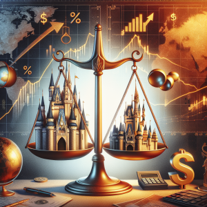 An illustration of a balanced scale, with stock market charts on one side and a golden Disney castle on the other. The scale indicates equilibrium, reflecting the careful anticipation of investors. The background is embellished with globes and calculators, representing global investment and calculated decisions. Financial symbols such as dollar signs and percentage symbols float in the air. The overall atmosphere is serious yet hopeful, hinting at the business of investment and the magic of Disney.