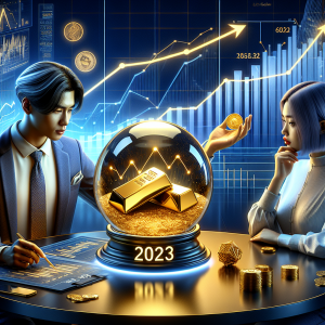 An image illustrating the concept of investing in gold in the year 2023. A modern fortune teller with South Asian descent seated by a glowing crystal ball that displays prominent gold bars and 2023 numerals. Nearby, a Caucasian female investor thoughtfully examines a gold coin in her hand. Background depicts a smoothly rising graph indicating growth and a futuristic digital screen showcasing various financial indices. The atmosphere is filled with anticipation and confidence about the future of gold investment.