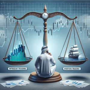 Create an image of a balanced scale showing two different styles of trading on either side: 'Intraday Trading' and 'Position Trading'. To illustrate intraday trading, depict a digital stock market display with fluctuating graphs and a clock highlighting the constant change. For position trading, show a calm sea with a ship steadfastly holding its course, symbolizing the idea of holding positions for a longer period. Add a thoughtful trader in the middle, carefully weighing both options. The trader should be a Middle-Eastern male analyzing both scales while seated at a traditional desk with numerous paperwork