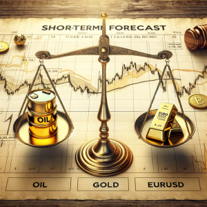 Create an informative image representing the short-term forecast for oil, gold, and EURUSD for the week. The image should illustrate balance scales with three pans reflecting the relative values of these three commodities. Oil could be represented by a barrel, gold by a nugget, and EURUSD by a symbol of euro and dollar. The backdrop can be a traditional forecasting chart with possible trends sketched in. Please ensure the image is professional, sleek, and suitable for a financial article.