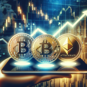 Create an image for a financial news article focusing on the short-term prediction of Bitcoin, Ripple, and Ethereum cryptocurrencies for today. The image should feature an abstract representation of increasing and decreasing graphs coupled with digital coins representing each of the mentioned cryptocurrencies, placed on a modern digital interface background. These coins should be clearly distinguishable, showing their unique logos. The ambiance should feel high-tech and energetic, indicating the dynamic and unpredictable nature of cryptocurrency markets.