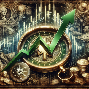 An elaborate illustration portraying the concept of dollar rejuvenation: The design should include an ascending green line on a graph, symbolizing the rise of the dollar. Add a compass in the foreground suggesting direction, aiming towards the upwards arrow, representing the safe and steady path of the dollar increase. Introduce in the backdrop iconic representations of the financial world, such as stock market boards and golden coins. The overall atmosphere of the image should reflect a serious and analytic tone, resonant of current world finance