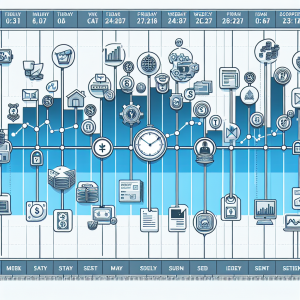 An image illustrating a week-long timeline filled with icons representing important events for investors. The timeline should progress from left to right, with different icons such as stock market graphs, currency icons, property icons, and other investment related symbols. Please make sure the timeline also includes a clapperboard icon to represent a video review. The overall image should be dynamic and visually appealing to engage viewers in the investment topic.