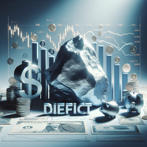 A detailed image showcasing the relationship between platinum, deficit, and investments. The image should have several elements. Firstly, a large platinum nugget should dominate one side of the image, shimmering with a light gray sheen. Symbols reflective of finances and investment, such as currency, stock market graphs, and piggy banks should stand at the opposite side, casting long shadows towards the platinum nugget. Between them, the word 'deficit' in bold letters, acting as a bridge or gap. The scene should be tinted in soft blue and gray tones, suggesting a sense of uncertainty and caution.