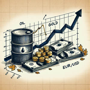 An image representing a short-term forecast on oil, gold and EUR/USD for the month of October. Visualise a split sketchy chart, each part dedicated to one item. The first section should depict a barrel of oil with ups and downs in a graph format. The second section portrays gold nuggets and, similar to the first, a chart with fluctuating values. Lastly, the third section shows Euro and US dollar bills with a corresponding graph. Feel free to include fall-themed elements such as falling leaves or fall colors to signify the month of October.