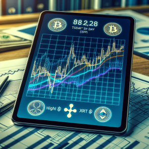 Imagine an image for a finance article. The focal point is a sleek digital chart that tracks the fluctuating values of three different cryptocurrencies namely Bitcoin (BTC), Ripple (XRP), and Ethereum (ETH) on today's date. The chart elements such as lines and markers exhibit contrasting colors for each currency, and the background is a smooth gradient of blue. Important notations for highs and lows, as well as percentage change from the previous day, are noticeable beside their respective markers. The chart is embedded in a tablet screen that sits atop an office table with various financial documents scattered around.